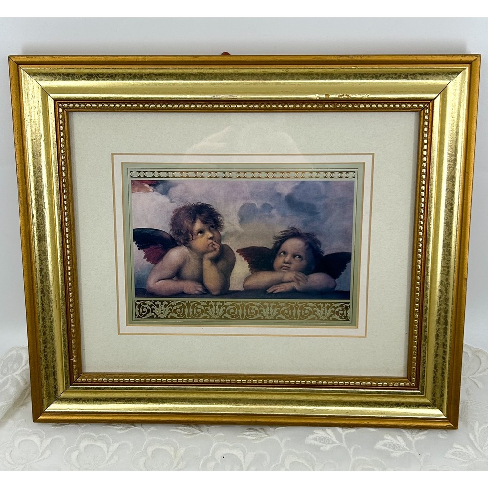 Vintage 90s Raphael's Sistine Madonna Print Two Winged Cherubs Angels Wall Art